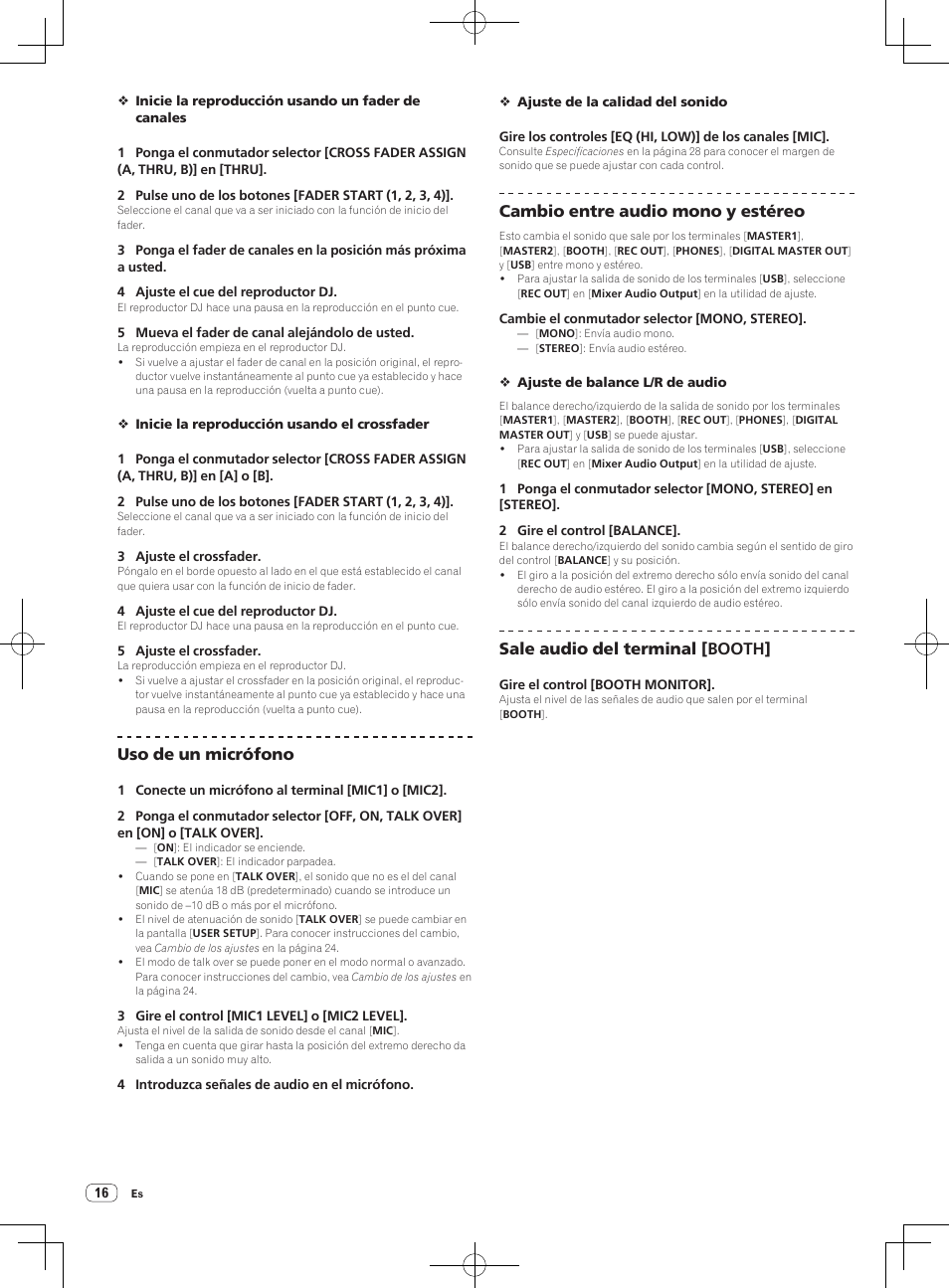 Uso de un micrófono, Cambio entre audio mono y estéreo, Sale audio del terminal [booth | Pioneer DJM-850-S User Manual | Page 70 / 112