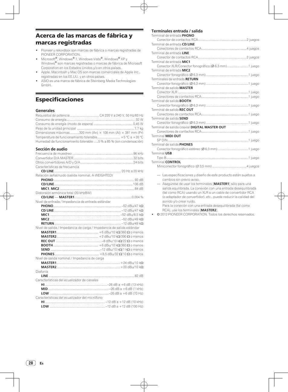 Especificaciones | Pioneer DJM-850-S User Manual | Page 82 / 112