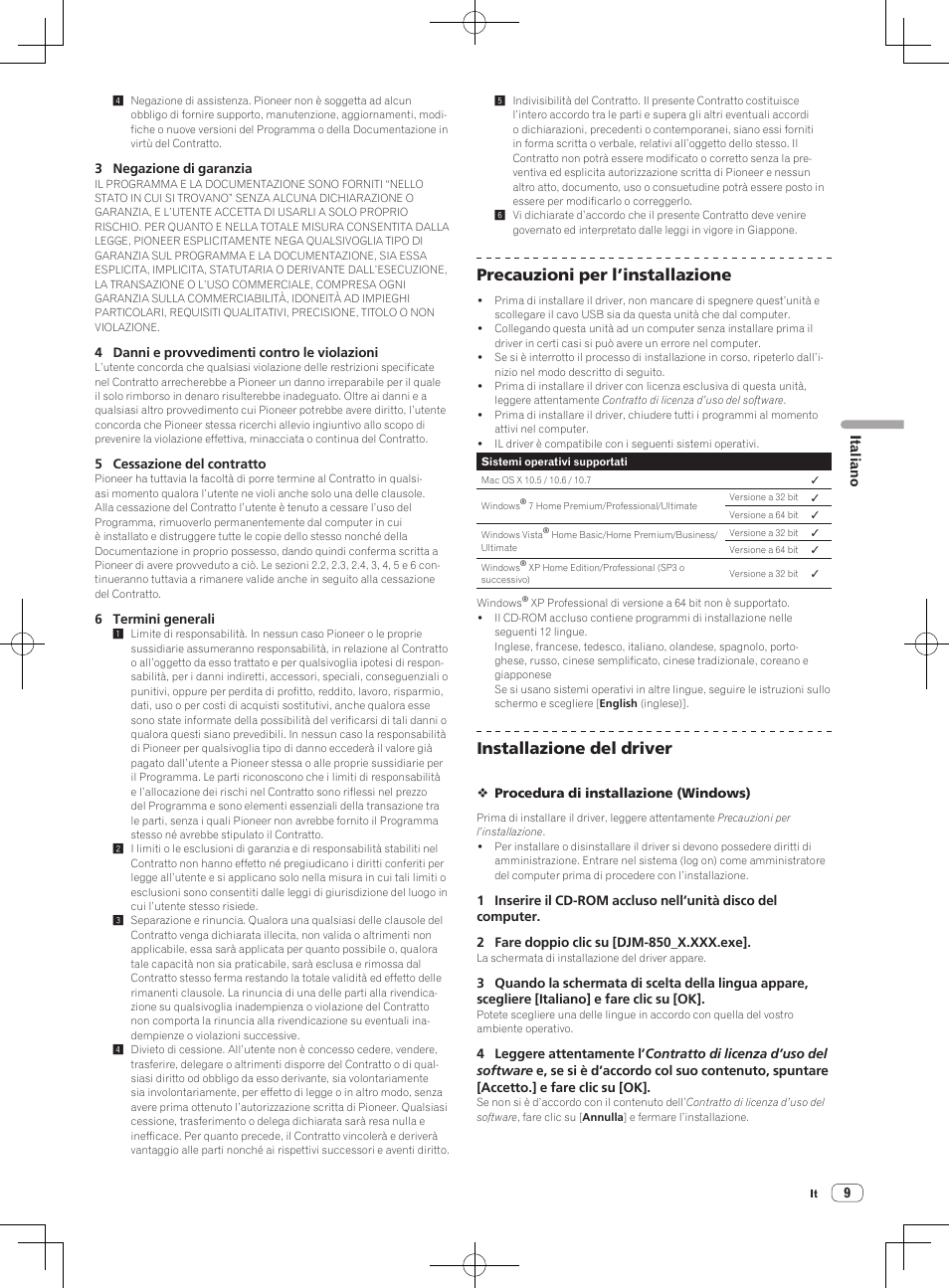 Precauzioni per l’installazione, Installazione del driver | Pioneer DJM-850-S User Manual | Page 9 / 112