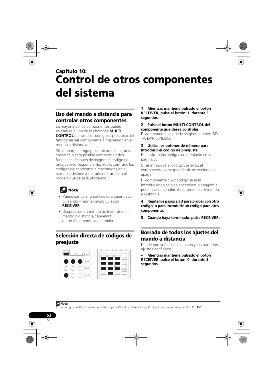 Control de otros componentes del sistema, Selección directa de códigos de preajuste, Borrado de todos los ajustes del mando a distancia | Capítulo 10 | Pioneer VSX-819H-S User Manual | Page 262 / 282