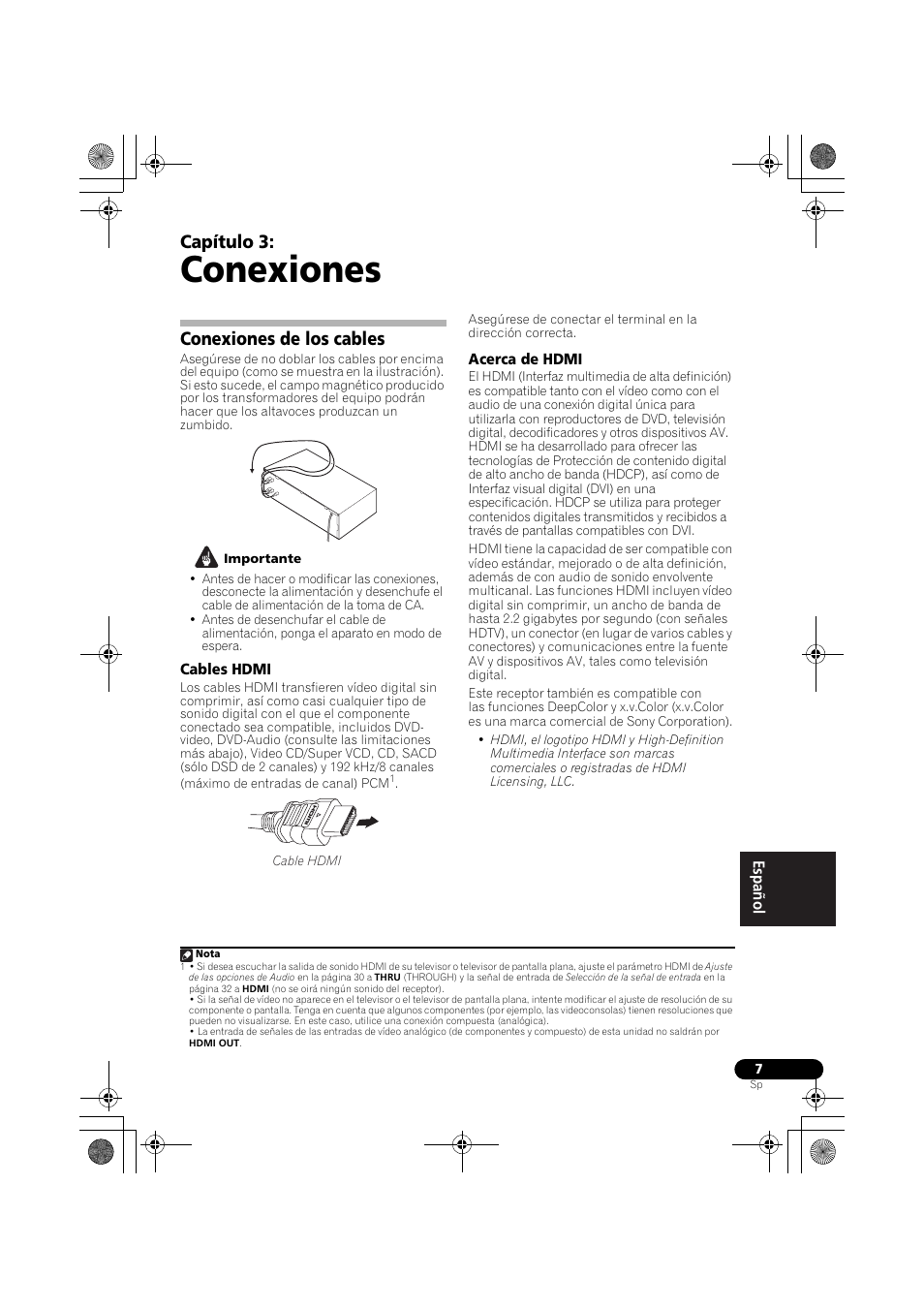 Conexiones, Conexiones de los cables, Cables hdmi | Acerca de hdmi, Cables hdmi acerca de hdmi, Capítulo 3 | Pioneer VSX-519V-K User Manual | Page 145 / 188
