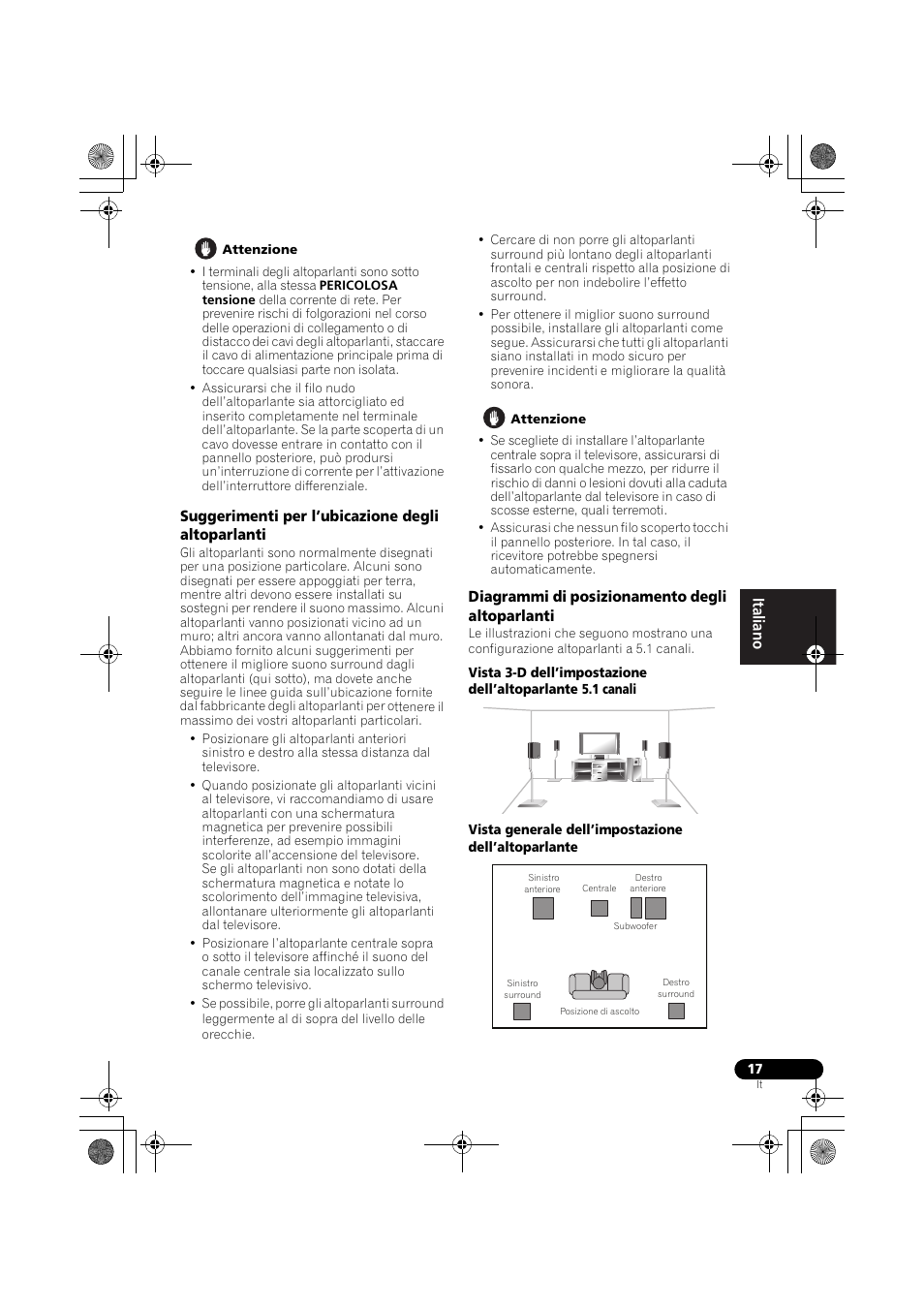 Suggerimenti per l’ubicazione degli altoparlanti, Diagrammi di posizionamento degli altoparlanti, E suggerimenti per | Pioneer VSX-519V-K User Manual | Page 17 / 188