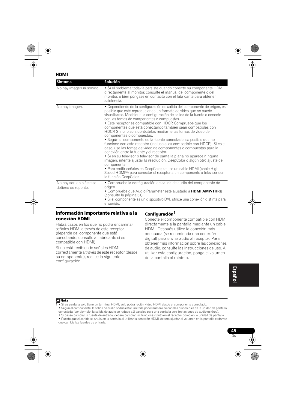 Hdmi, Información importante relativa a la conexión hdmi | Pioneer VSX-519V-K User Manual | Page 183 / 188