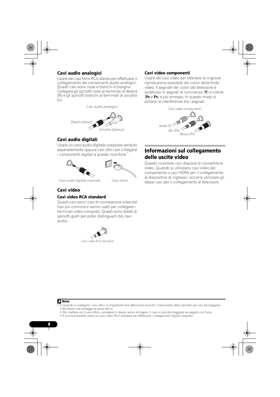 Cavi audio analogici, Cavi audio digitali, Cavi video | Informazioni sul collegamento delle uscite video, Informazioni sul collegamento delle uscite, Video | Pioneer VSX-519V-K User Manual | Page 8 / 188