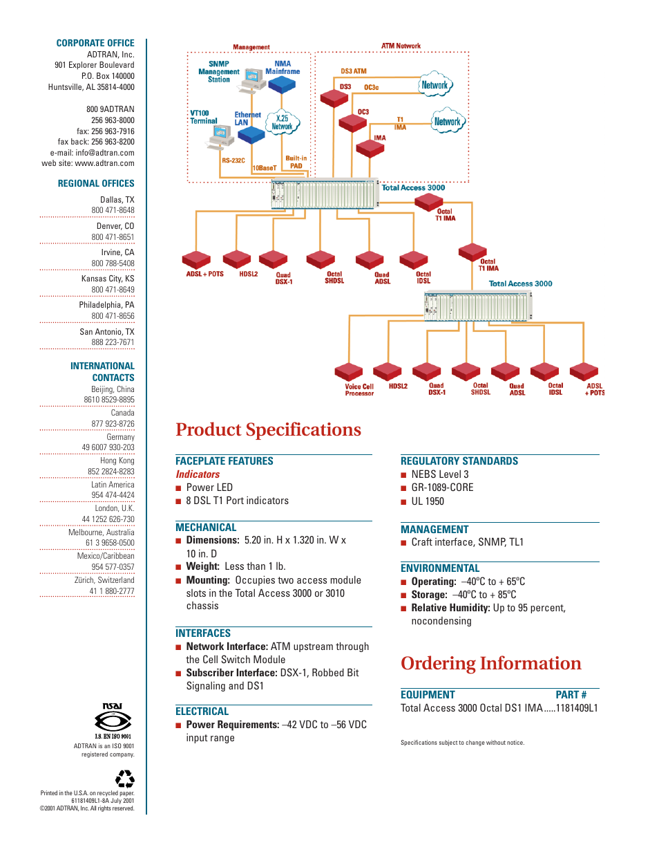 Product specifications, Ordering information | ADTRAN Total Access Octal DS1 IMA User Manual | Page 2 / 2