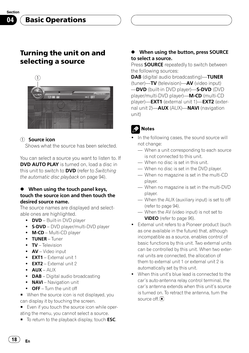 Source 18, Turning the unit on and selecting a source, Basic operations | Pioneer AVH-P7500DVD User Manual | Page 18 / 116