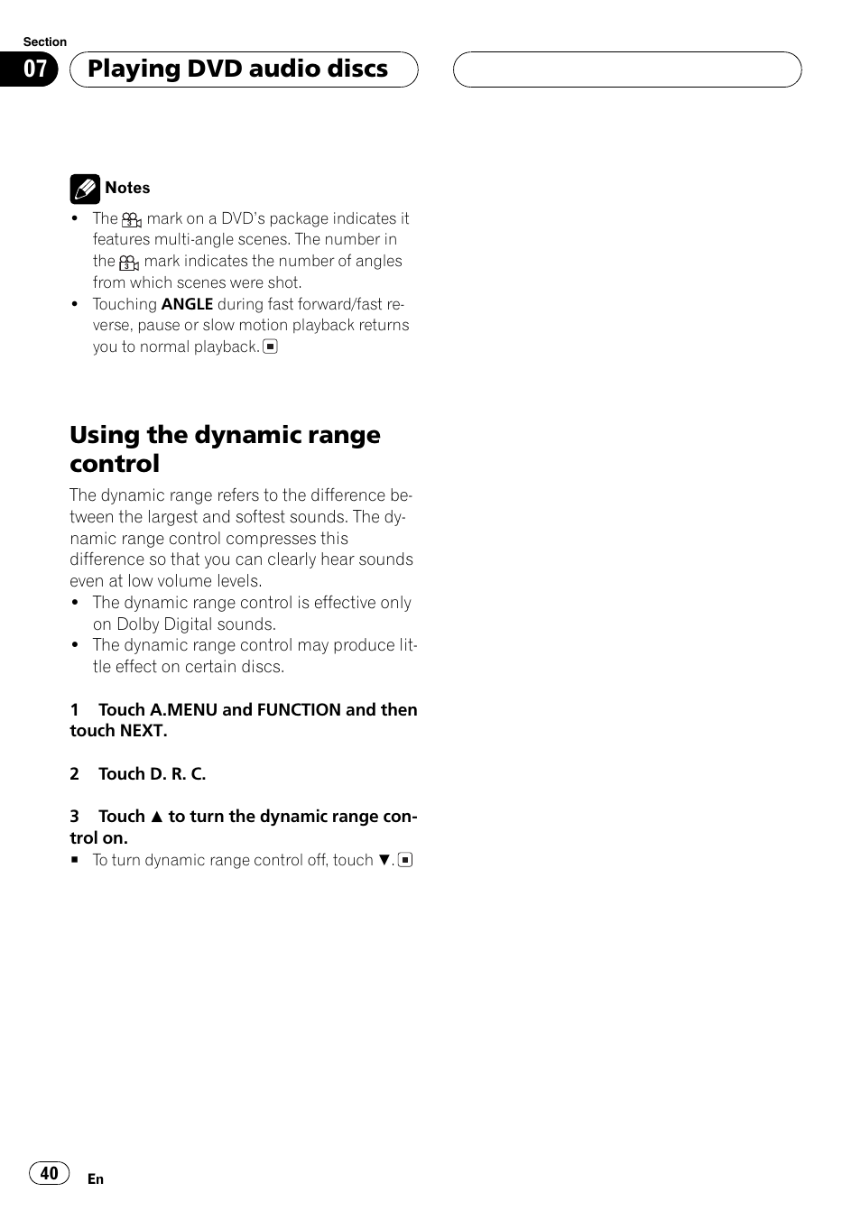 Using the dynamic range control 40, Using the dynamic range control, Playing dvd audio discs | Pioneer AVH-P7500DVD User Manual | Page 40 / 116