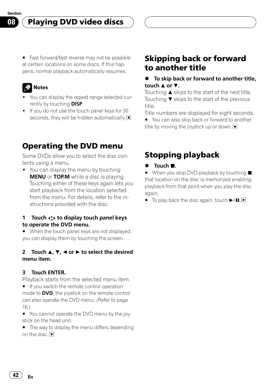 Operating the dvd menu, Skipping back or forward to another title, Stopping playback | Playing dvd video discs | Pioneer AVH-P7500DVD User Manual | Page 42 / 116