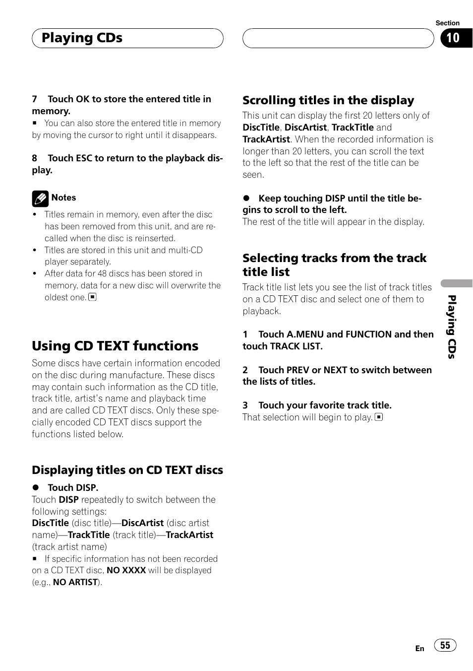 Using cd text functions 55, Using cd text functions, Playing cds | Displaying titles on cd text discs, Scrolling titles in the display, Selecting tracks from the track title list | Pioneer AVH-P7500DVD User Manual | Page 55 / 116