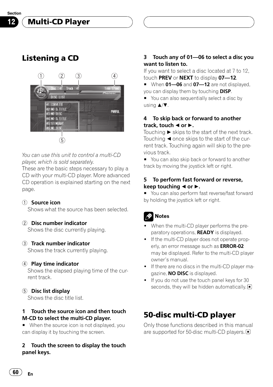 Listening a cd, Disc multi-cd player, Multi-cd player | Pioneer AVH-P7500DVD User Manual | Page 60 / 116