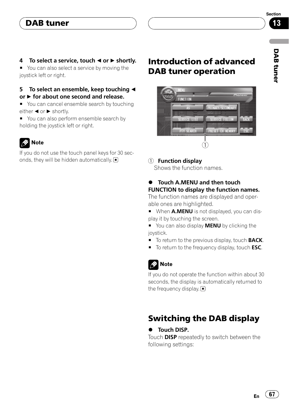 Introduction of advanced dab tuner, Operation 67, Switching the dab display 67 | Introduction of advanced dab tuner operation, Switching the dab display, Dab tuner | Pioneer AVH-P7500DVD User Manual | Page 67 / 116