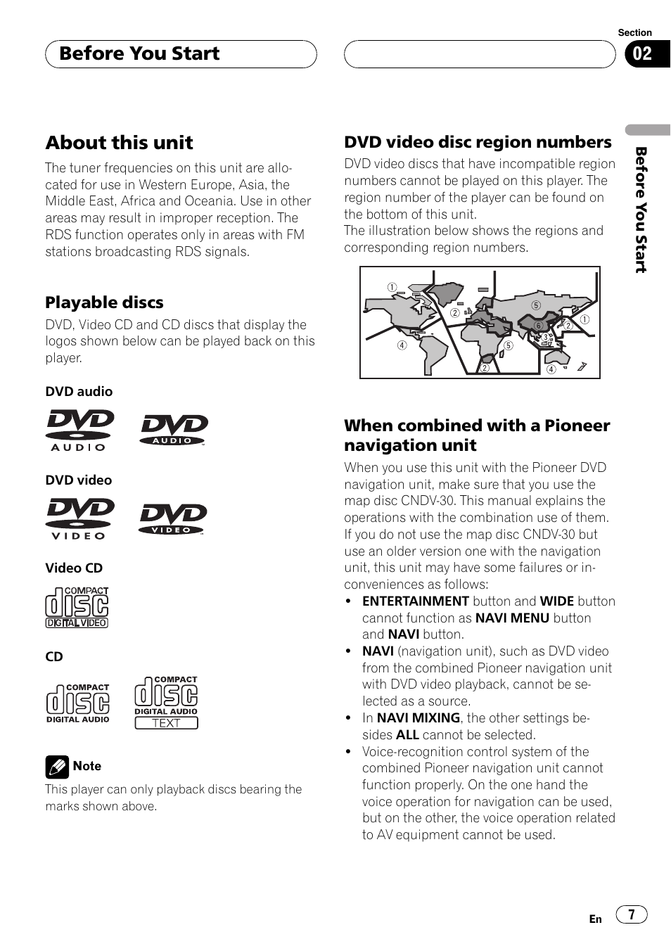 Playable discs 7, Dvd video disc region numbers 7, Before you start about this unit 7 | About this unit, Before you start | Pioneer AVH-P7500DVD User Manual | Page 7 / 116