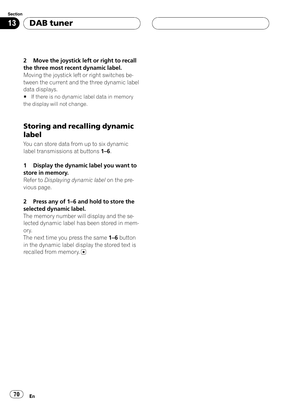 Dab tuner, Storing and recalling dynamic label | Pioneer AVH-P7500DVD User Manual | Page 70 / 116
