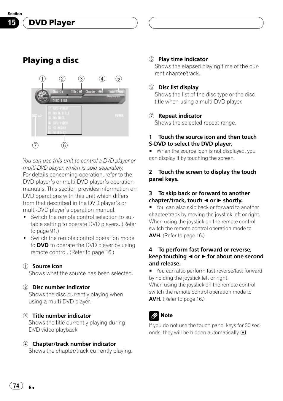 Dvd player playing a disc 74, Playing a disc, Dvd player | Pioneer AVH-P7500DVD User Manual | Page 74 / 116