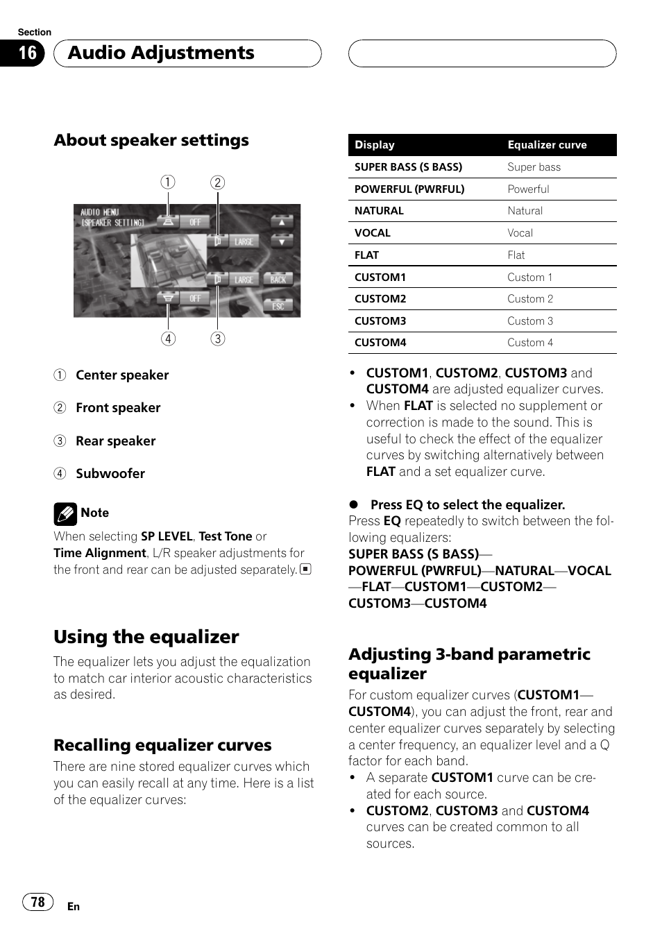 Using the equalizer 78, Using the equalizer, Audio adjustments | About speaker settings, Recalling equalizer curves, Adjusting 3-band parametric equalizer | Pioneer AVH-P7500DVD User Manual | Page 78 / 116