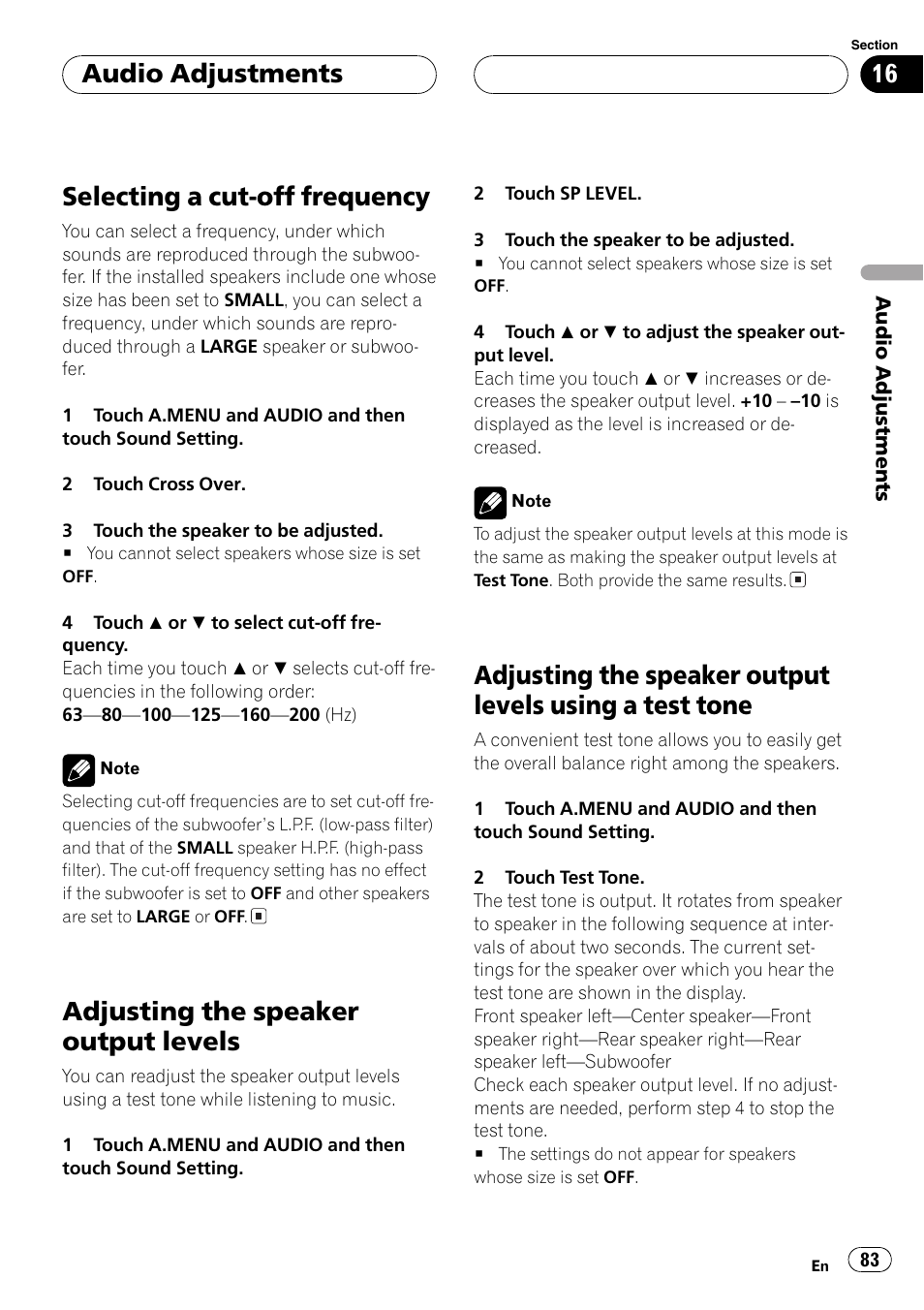 Test tone 83, Selecting a cut-off frequency, Adjusting the speaker output levels | Audio adjustments | Pioneer AVH-P7500DVD User Manual | Page 83 / 116