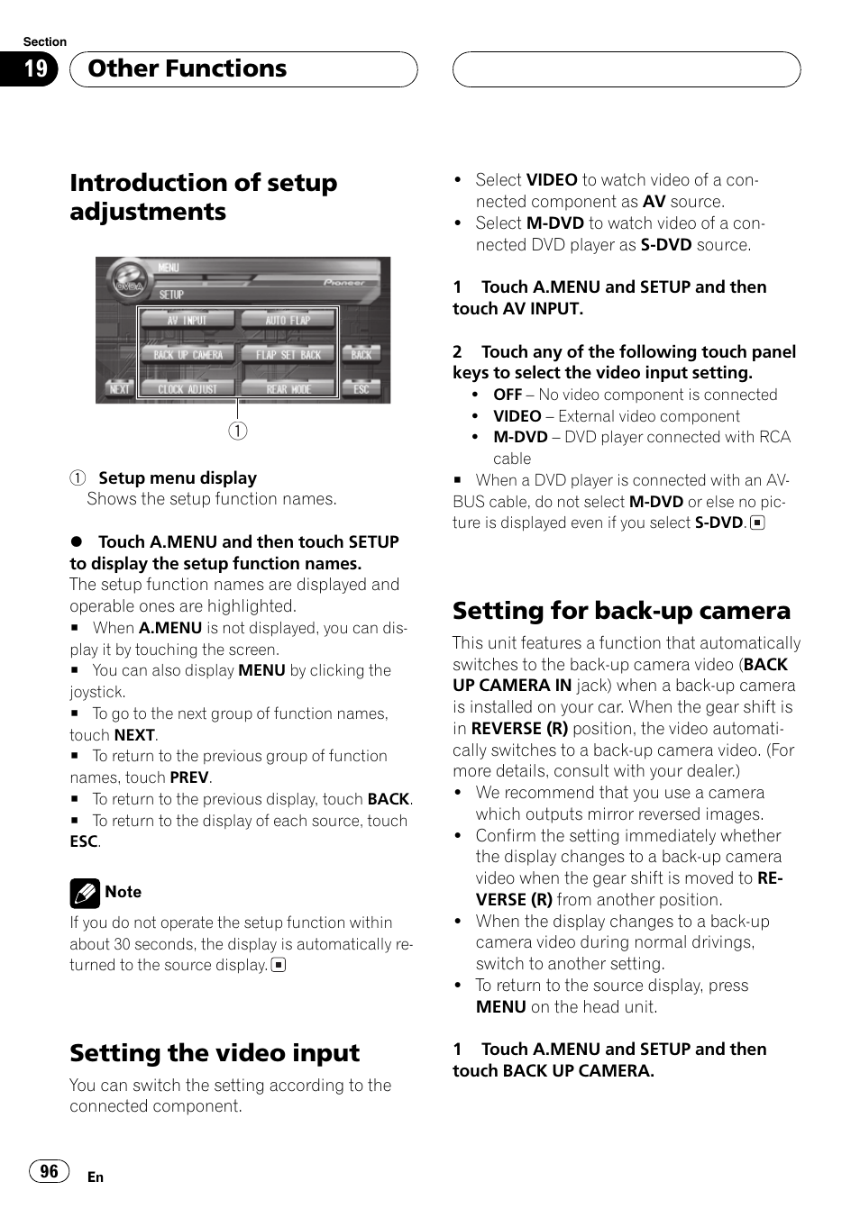Introduction of setup adjustments, Setting the video input, Setting for back-up camera | Other functions | Pioneer AVH-P7500DVD User Manual | Page 96 / 116