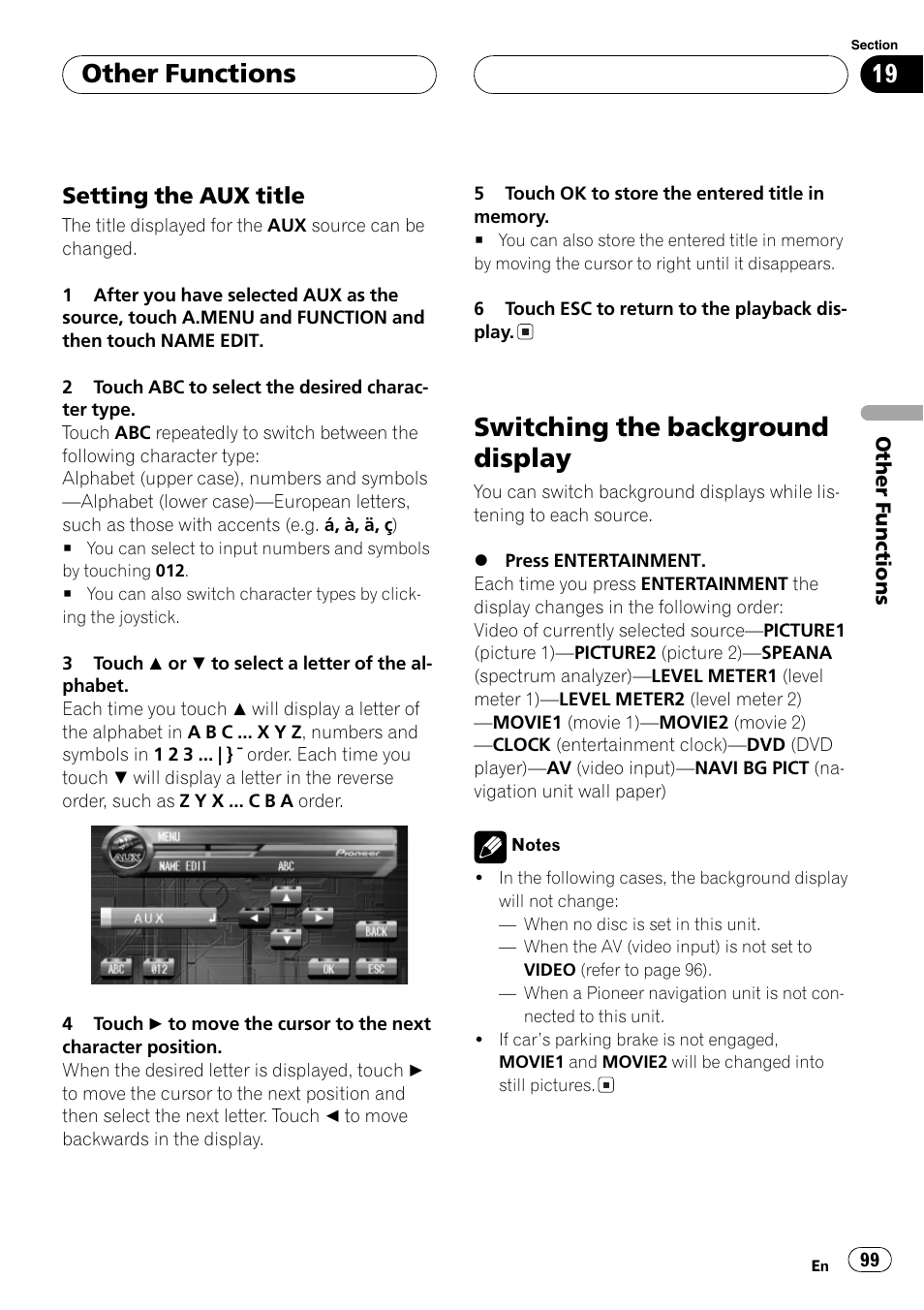 Switching the background display 99, Switching the background display, Other functions | Setting the aux title | Pioneer AVH-P7500DVD User Manual | Page 99 / 116