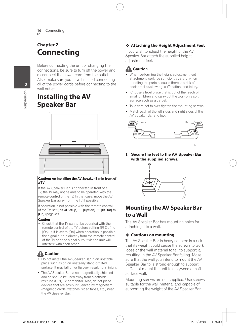 Connecting, Installing the av speaker bar, Mounting the av speaker bar to a wall | Chapter 2 | Pioneer SBX-N700 User Manual | Page 16 / 68