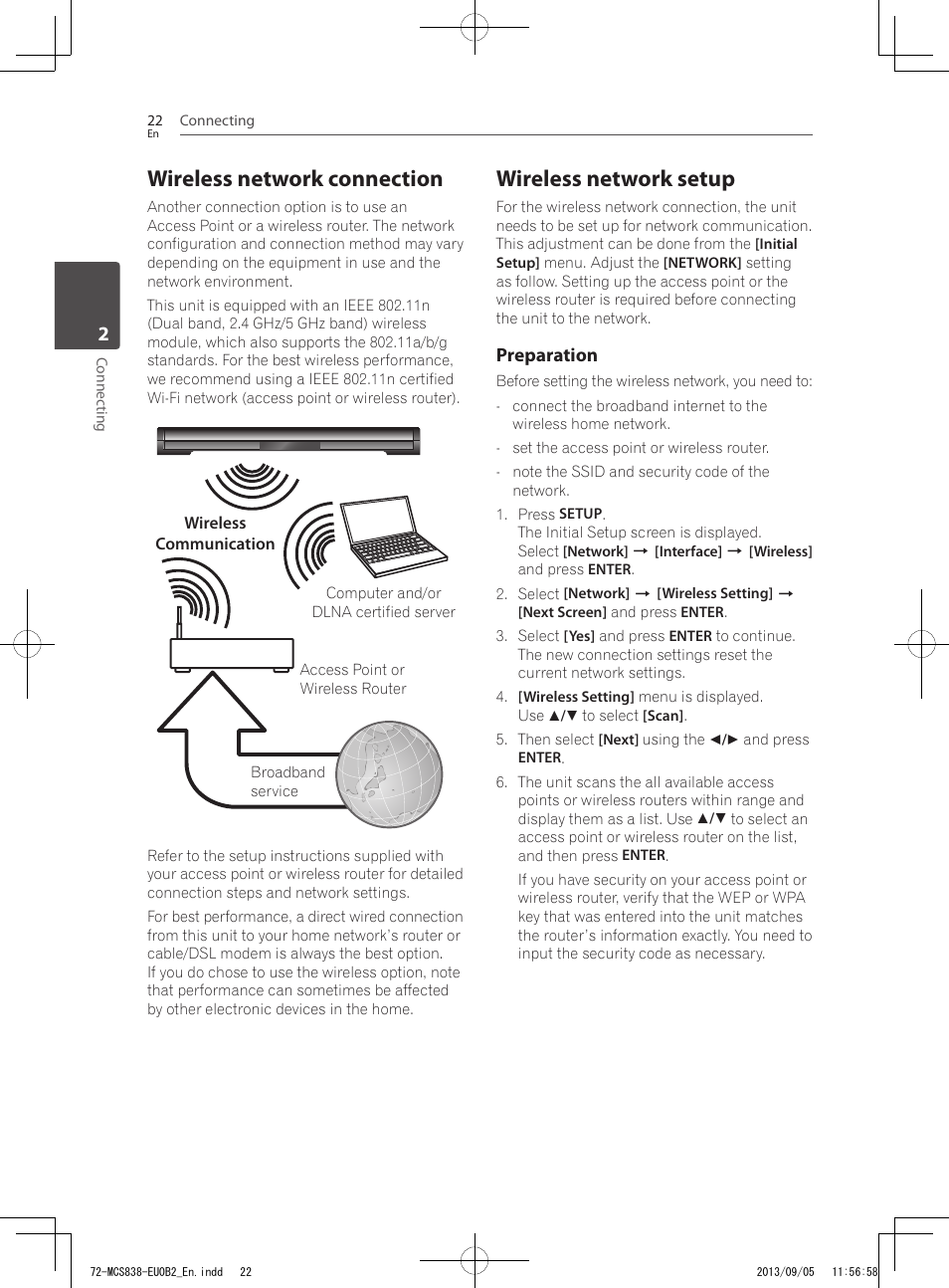 Wireless network connection, Wireless network setup, Preparation | Pioneer SBX-N700 User Manual | Page 22 / 68
