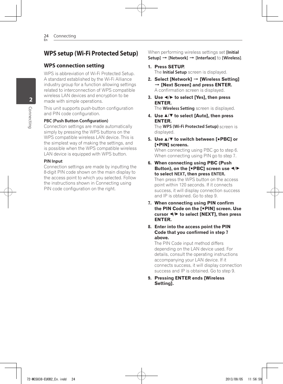 Wps setup (wi-fi protected setup), Wps connection setting | Pioneer SBX-N700 User Manual | Page 24 / 68