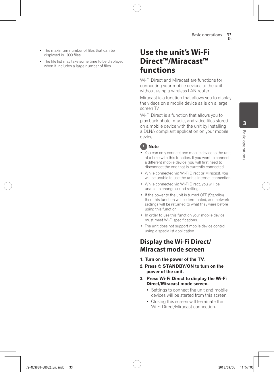 Use the unit’s wi-fi direct™/miracast™ functions, Display the wi-fi direct/ miracast mode screen | Pioneer SBX-N700 User Manual | Page 33 / 68
