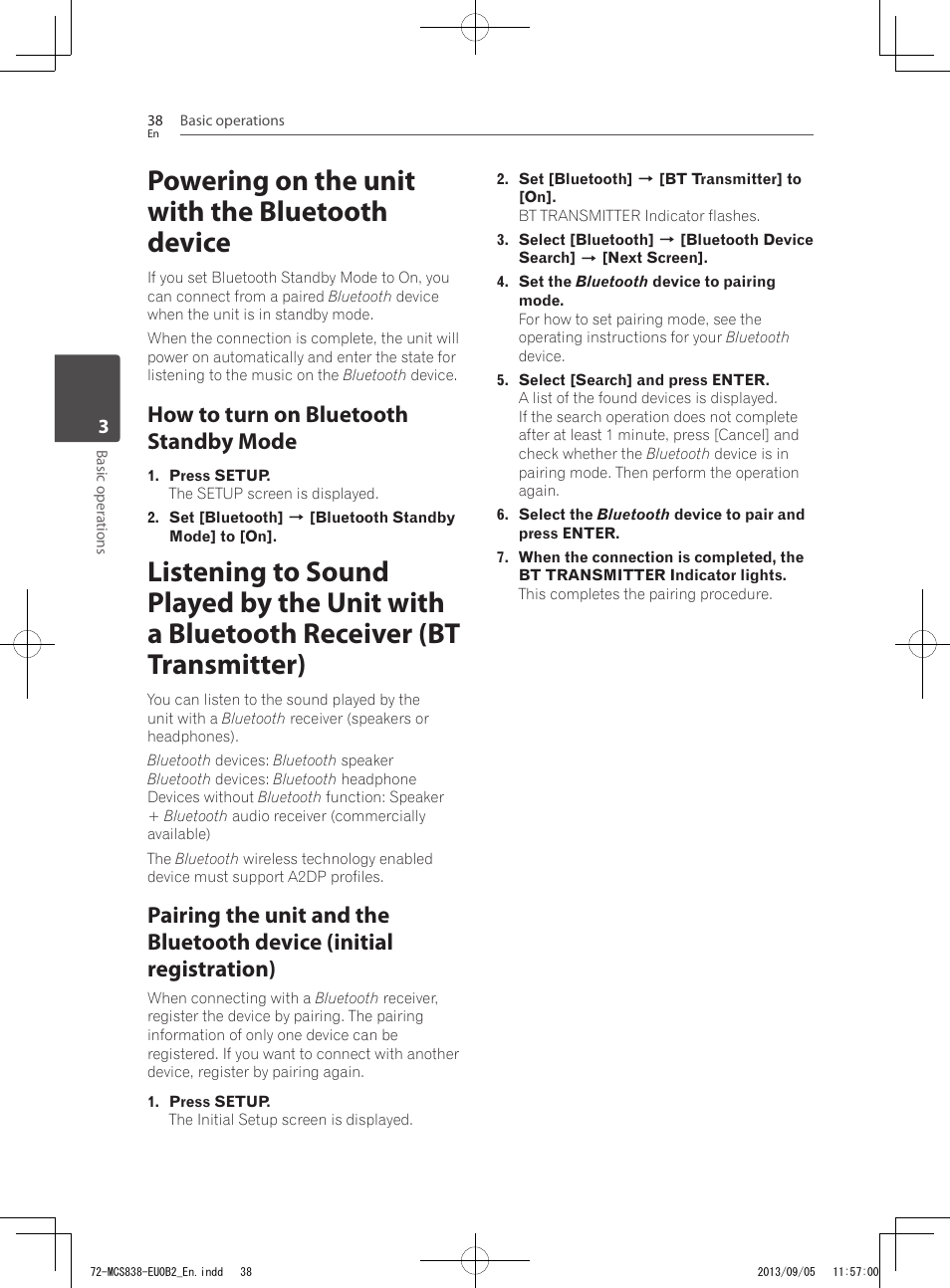 Powering on the unit with the bluetooth device, How to turn on bluetooth standby mode | Pioneer SBX-N700 User Manual | Page 38 / 68
