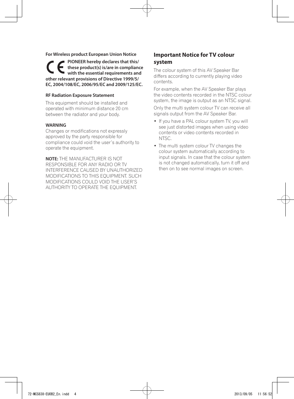 Important notice for tv colour system | Pioneer SBX-N700 User Manual | Page 4 / 68