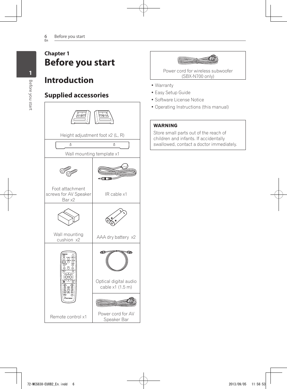 Before you start, Introduction, Supplied accessories | Pioneer SBX-N700 User Manual | Page 6 / 68