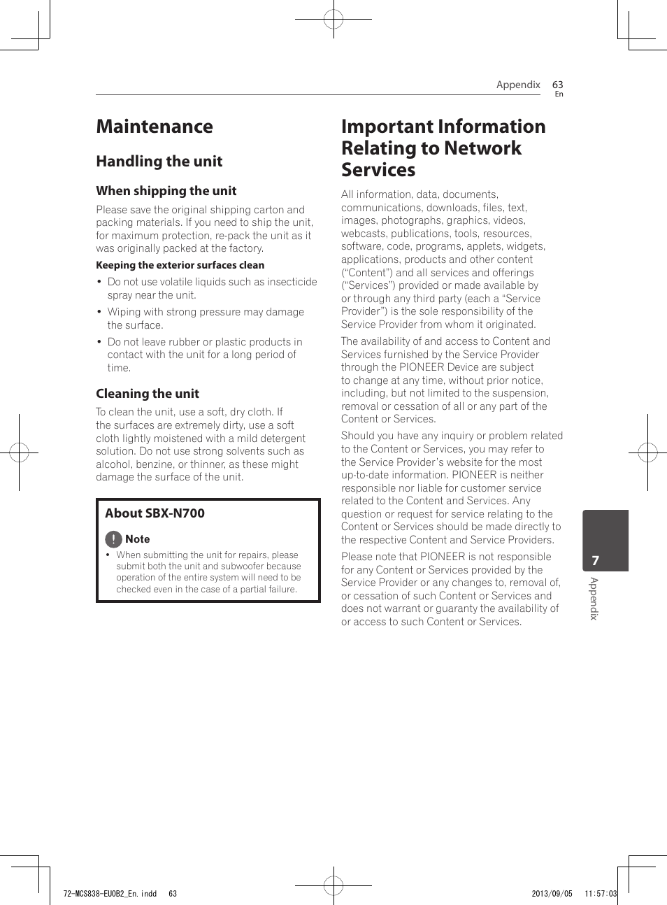 Maintenance, Important information relating to network services, Handling the unit | Pioneer SBX-N700 User Manual | Page 63 / 68