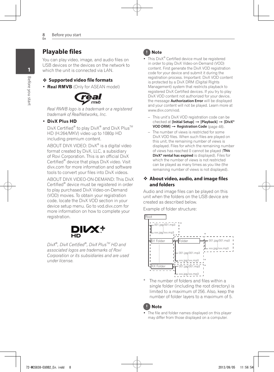Playable files, Supported video file formats, About video, audio, and image files and folders | Pioneer SBX-N700 User Manual | Page 8 / 68