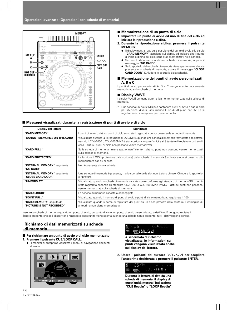Richiamo di dati memorizzati su schede di memoria, Display wave, Light heavy | Premere il pulsante cue/loop call, It <drb1414 | Pioneer DVJ-1000 User Manual | Page 206 / 319