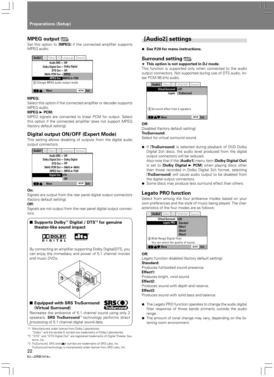 Audio2] settings, Mpeg output, Digital output on/off (expert mode) | Surround setting, Legato pro function | Pioneer DVJ-1000 User Manual | Page 28 / 319