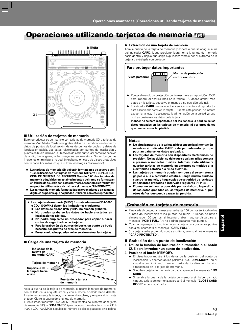 Operaciones utilizando tarjetas de memoria, Grabación en tarjetas de memoria, Espa ñ ol | Light heavy, Para proteger datos importantes, Notas, Grabación de un punto de localización, Drb1414> sp | Pioneer DVJ-1000 User Manual | Page 309 / 319