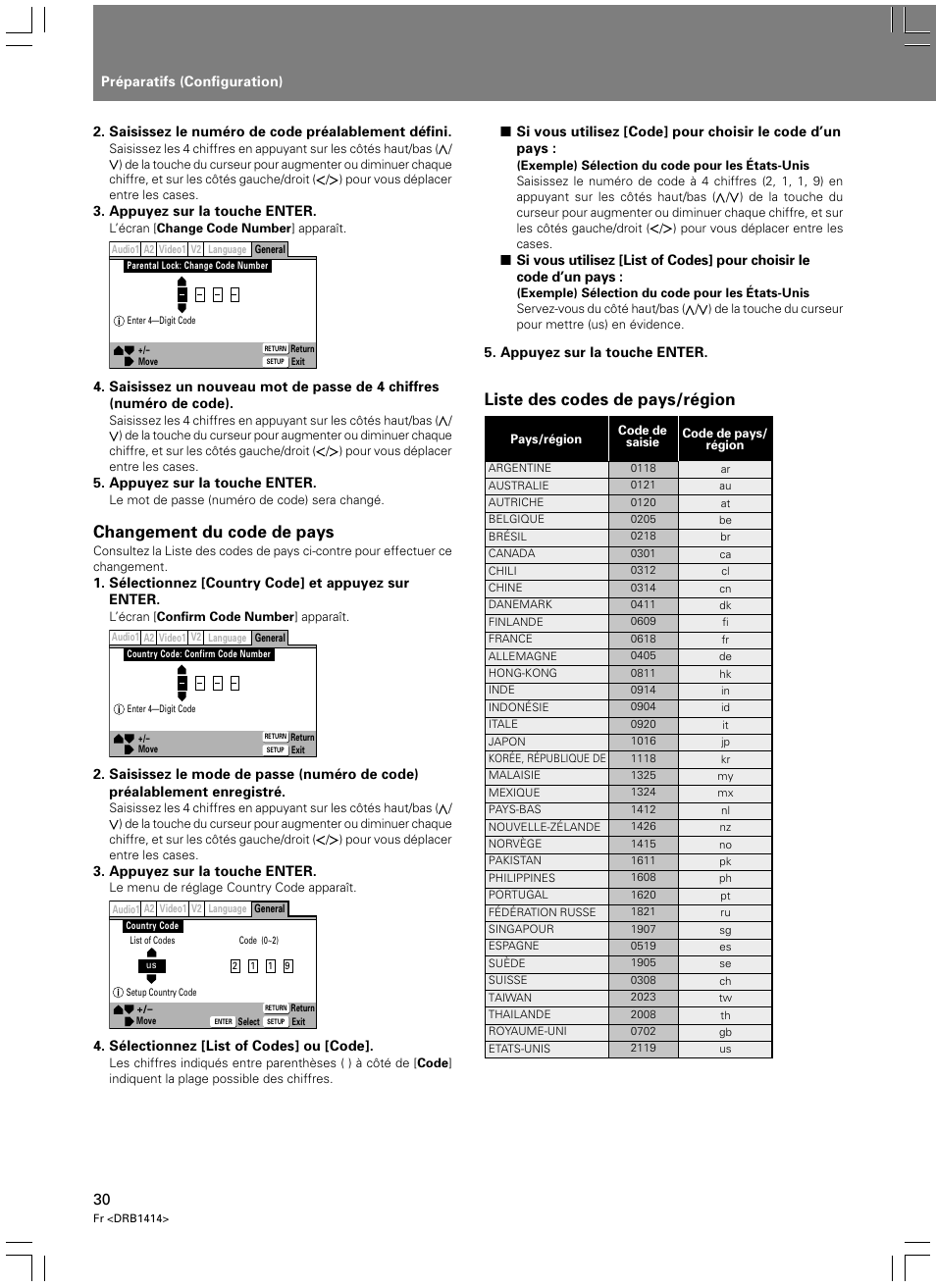 Changement du code de pays, Liste des codes de pays/région | Pioneer DVJ-1000 User Manual | Page 88 / 319
