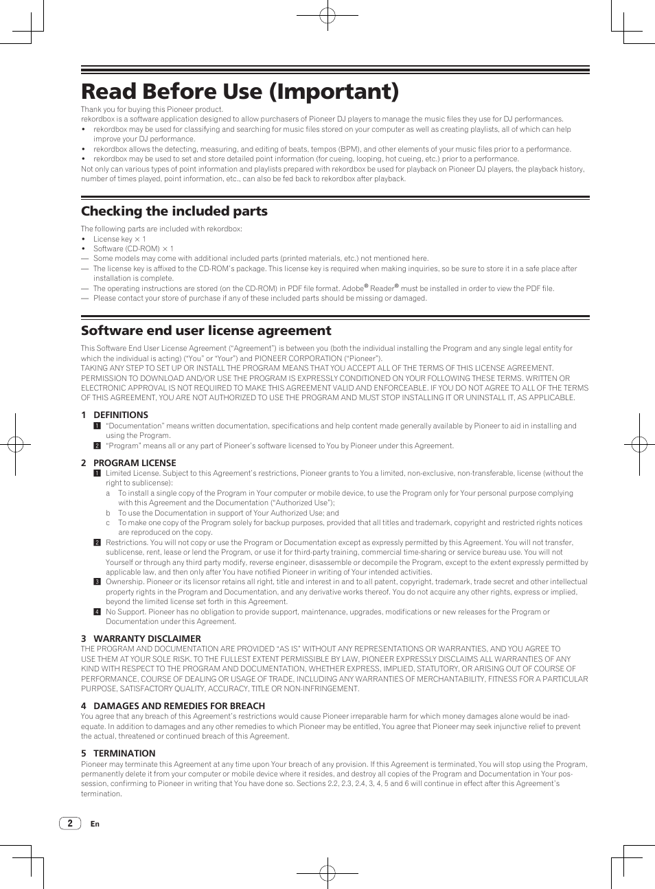 Read before use (important), Checking the included parts, Software end user license agreement | Pioneer CDJ-2000 User Manual | Page 2 / 8