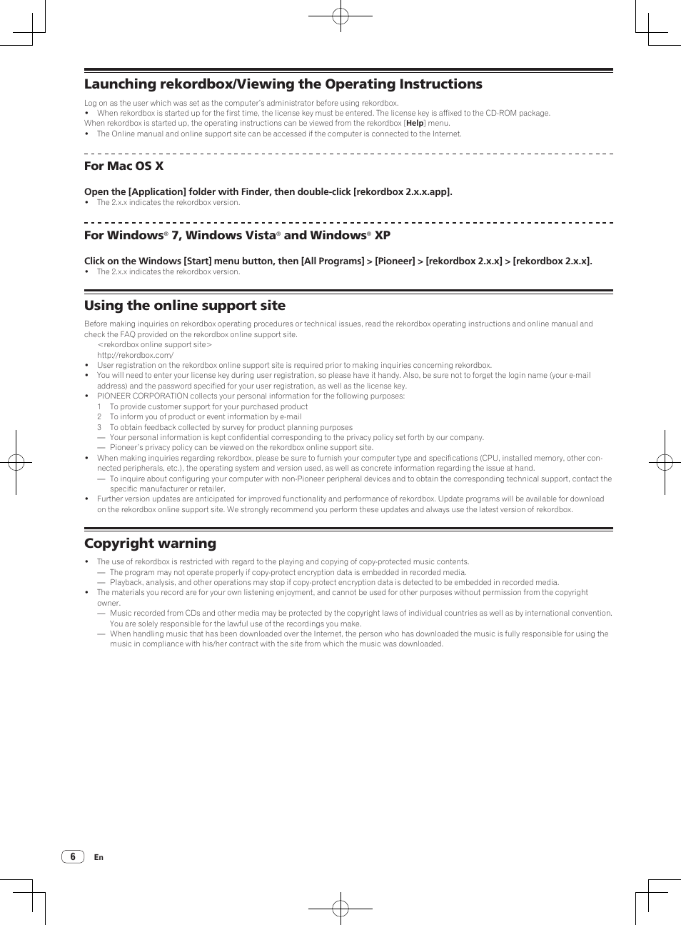 Using the online support site, Copyright warning, For mac os x | For windows, 7, windows vista, And windows | Pioneer CDJ-2000 User Manual | Page 6 / 8
