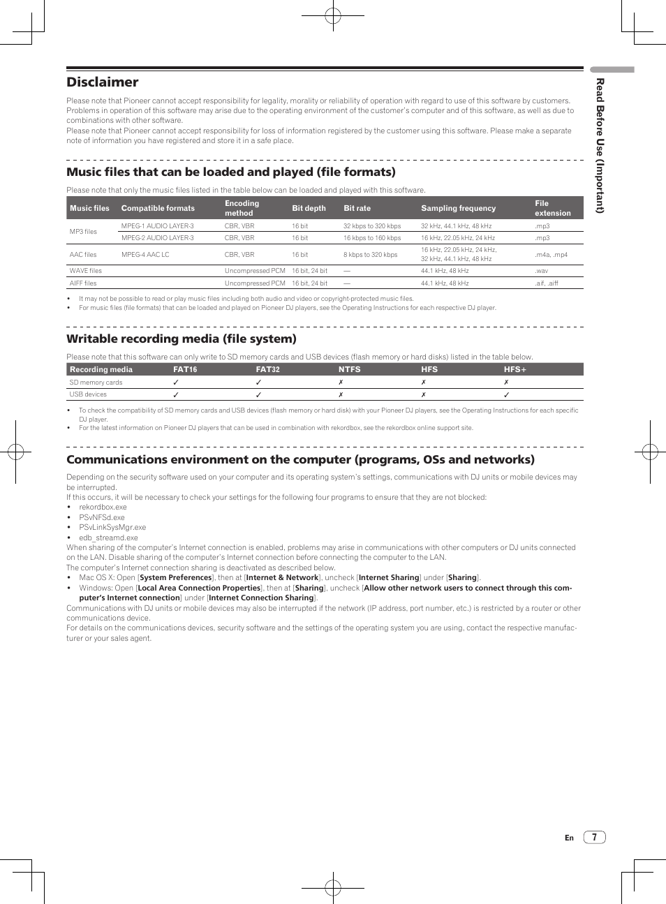 Disclaimer, Writable recording media (file system), Read before use (i mp ortant) | Pioneer CDJ-2000 User Manual | Page 7 / 8