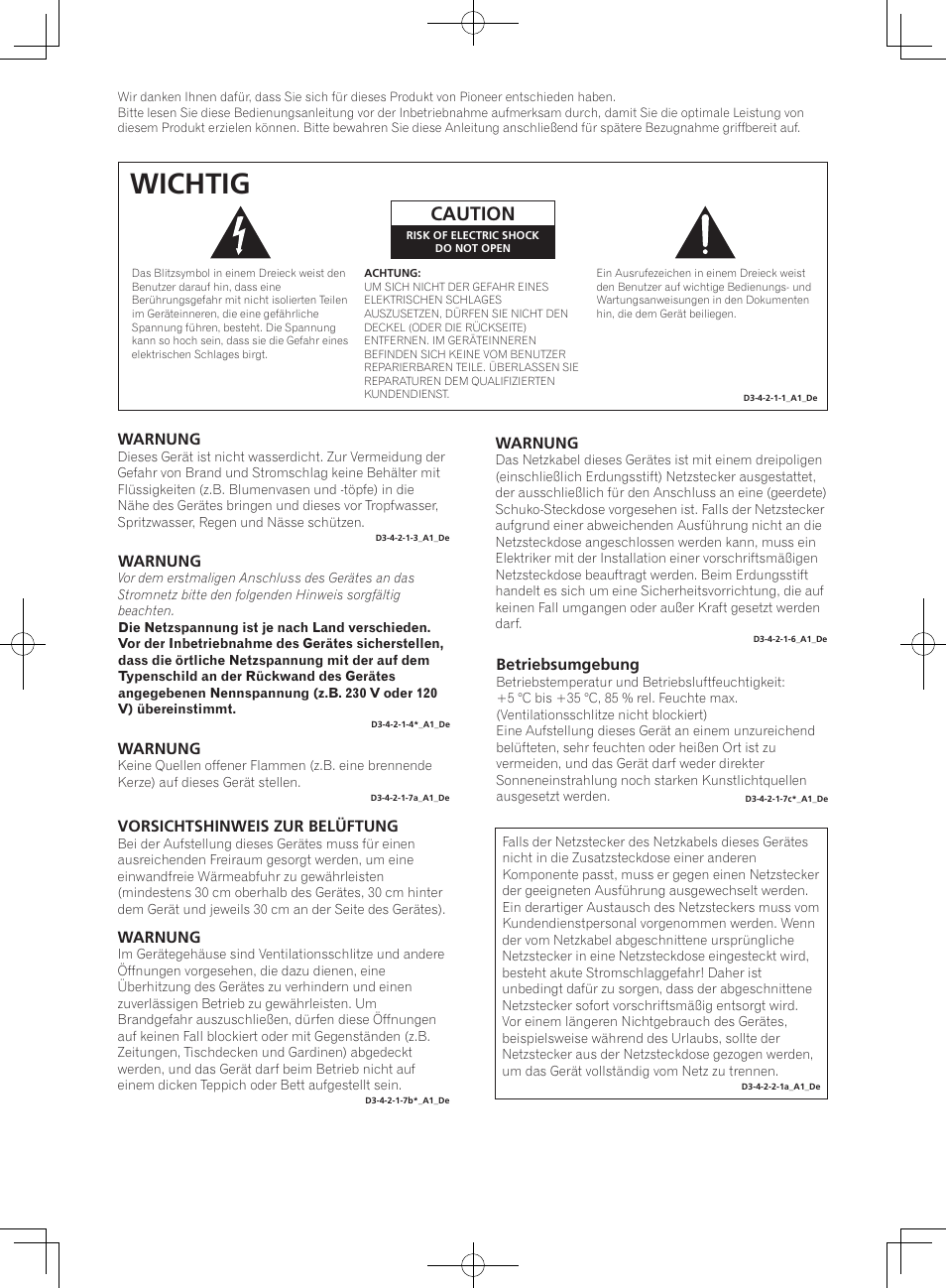 Bedienungsanleitung, Wichtig, Caution | Betriebsumgebung, Warnung, Vorsichtshinweis zur belüftung, Vorsicht mit dem netzkabel | Pioneer S-DJ05 User Manual | Page 22 / 72