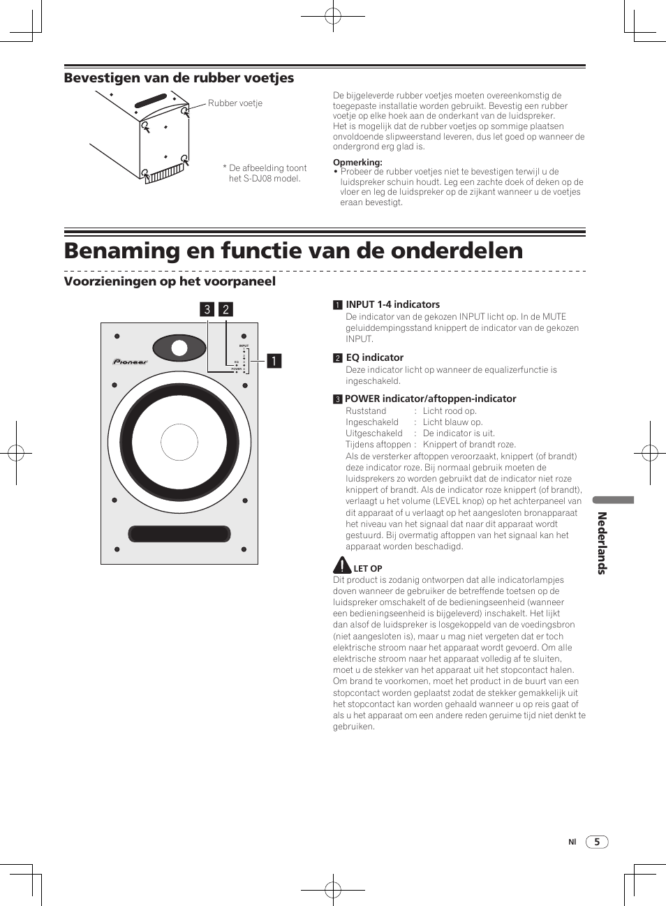 Benaming en functie van de onderdelen, Bevestigen van de rubber voetjes, Voorzieningen op het voorpaneel | Nederlands | Pioneer S-DJ05 User Manual | Page 45 / 72