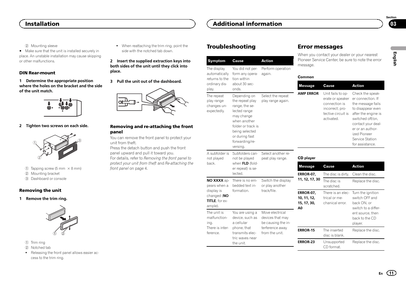 Troubleshooting, Error messages, Installation | Additional information | Pioneer DEH-1500UBG User Manual | Page 11 / 108