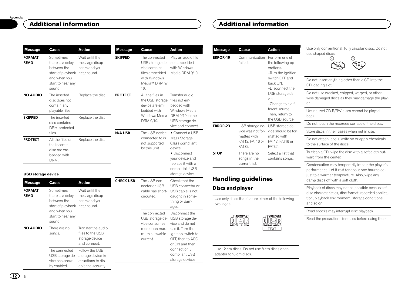 Handling guidelines, Additional information | Pioneer DEH-1500UBG User Manual | Page 12 / 108