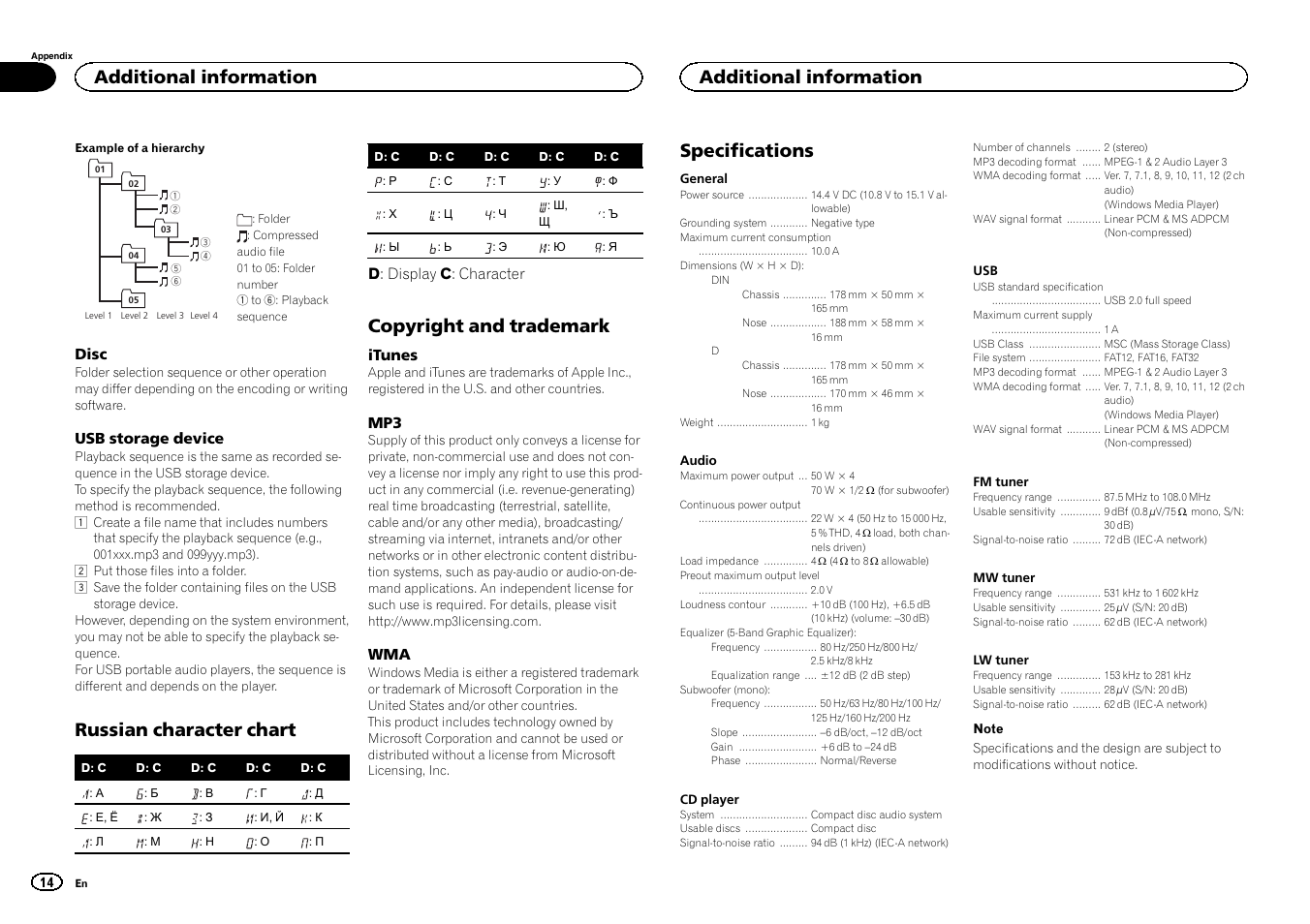 Russian character chart, Copyright and trademark, Specifications | Additional information | Pioneer DEH-1500UBG User Manual | Page 14 / 108