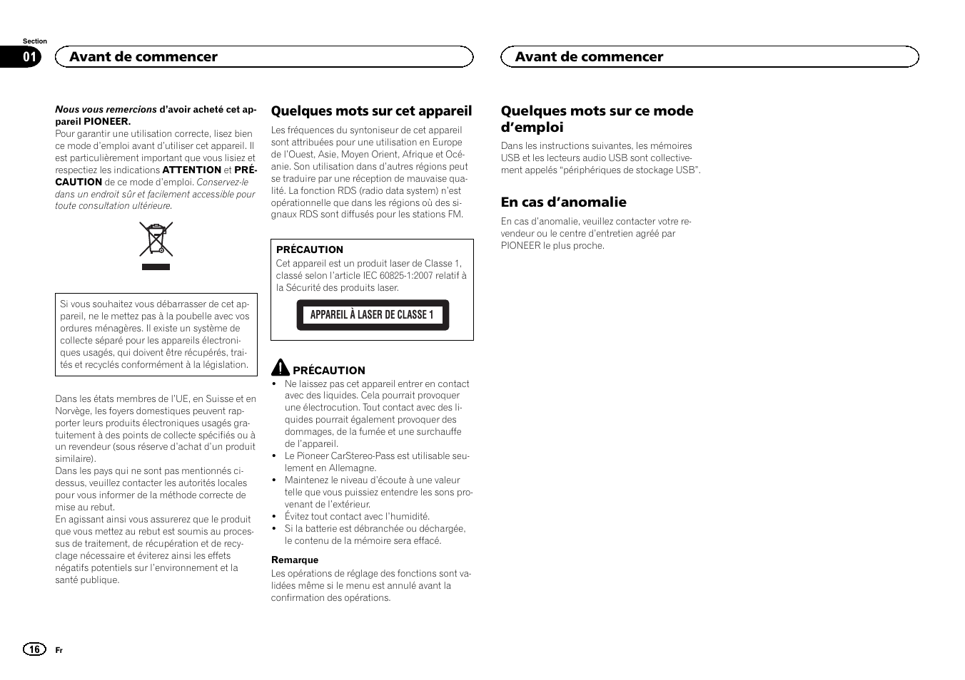 Français, Quelques mots sur cet appareil, Quelques mots sur ce mode d ’emploi | En cas d ’anomalie, Avant de commencer | Pioneer DEH-1500UBG User Manual | Page 16 / 108