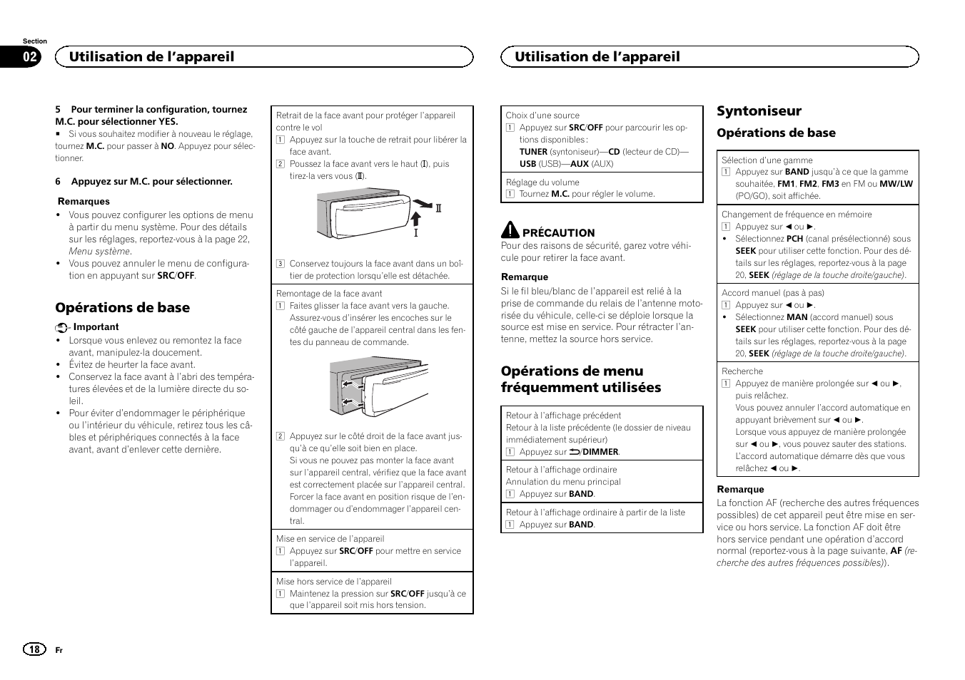 Opérations de base, Opérations de menu fréquemment utilisées, Syntoniseur | Utilisation de l ’appareil | Pioneer DEH-1500UBG User Manual | Page 18 / 108