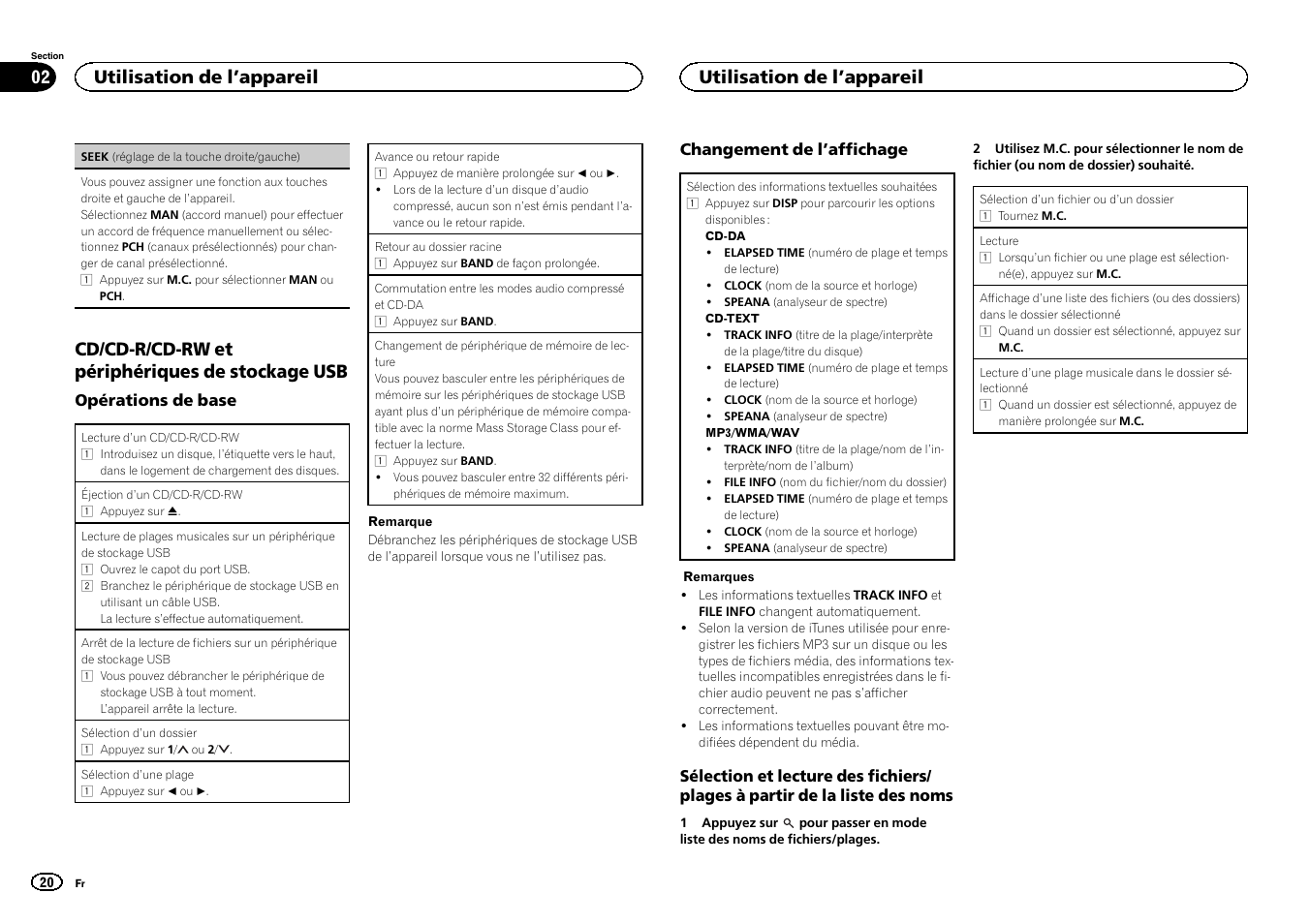 Seek (réglage de la touche droite/gauche), Cd/cd-r/cd-rw et périphériques de stockage usb, Utilisation de l ’appareil | Pioneer DEH-1500UBG User Manual | Page 20 / 108
