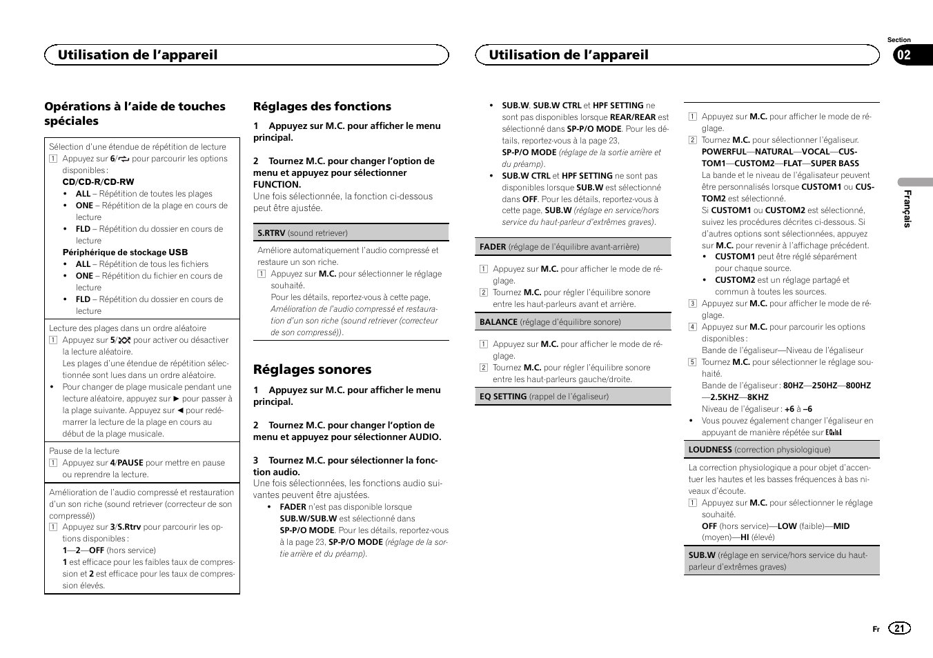 Réglages sonores, Utilisation de l ’appareil | Pioneer DEH-1500UBG User Manual | Page 21 / 108