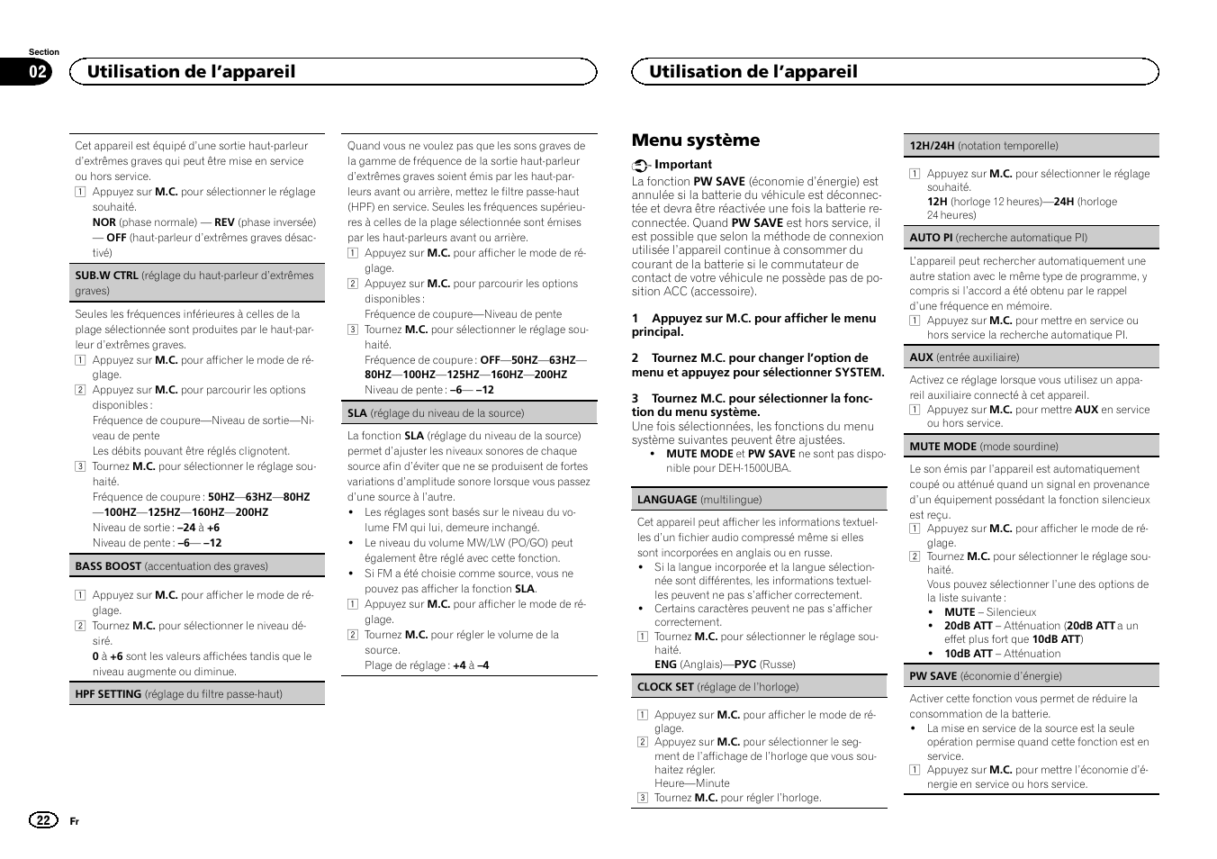 Menu système, Utilisation de l ’appareil | Pioneer DEH-1500UBG User Manual | Page 22 / 108