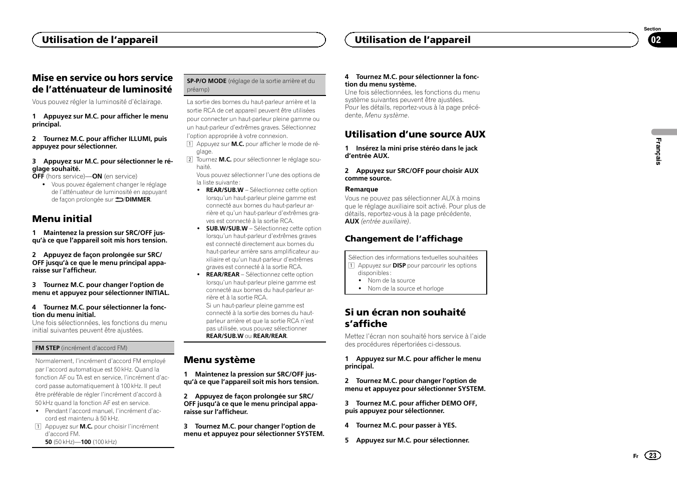 Sp-p/o mode (réglage de la sor, Tie arrière et du préamp), Menu initial | Menu système, Utilisation d ’une source aux, Si un écran non souhaité s ’affiche, Utilisation de l ’appareil | Pioneer DEH-1500UBG User Manual | Page 23 / 108