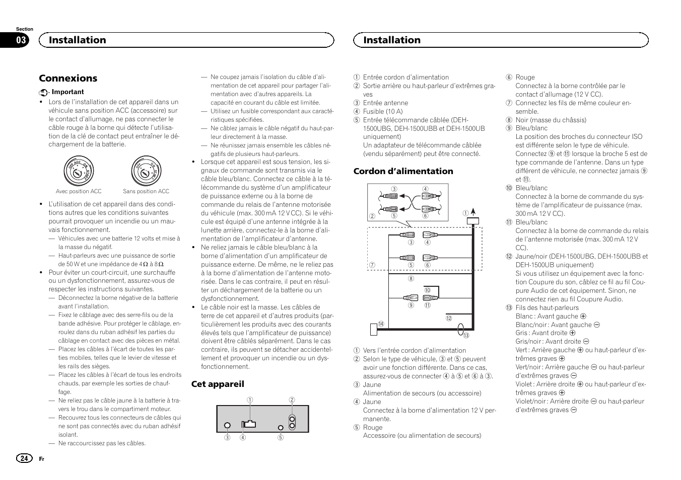 Connexions, Installation | Pioneer DEH-1500UBG User Manual | Page 24 / 108